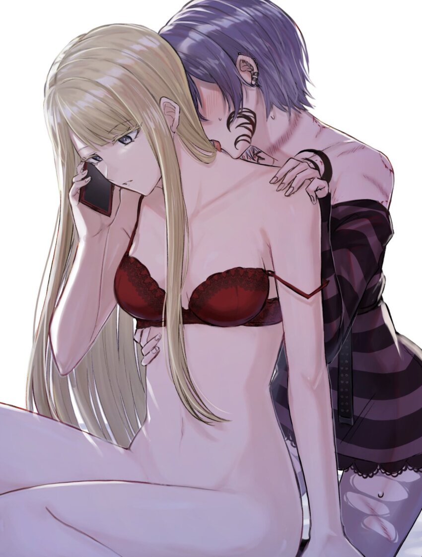 2girls, aoki_shizumi, bite_mark, bite_mark_on_arm, bite_mark_on_neck, bite_mark_on_shoulder, blonde_hair, blush, bra, breasts, chest_tattoo, collarbone, d4dj, ear_blush, ear_piercing, earclip, facial_tattoo, hand_on_another's_chest, hand_on_another's_shoulder, highres, holding, holding_phone, licking, licking_another's_neck, long_hair, medium_breasts, multiple_girls, navel, neo_(d4dj), parted_lips, phone, piercing, purple_eyes, purple_hair, red_bra, rope_marks, saliva, short_hair, sophia_(d4dj), strap_slip, sweat, talking_on_phone, tattoo, tongue, tongue_out, underwear, yuri