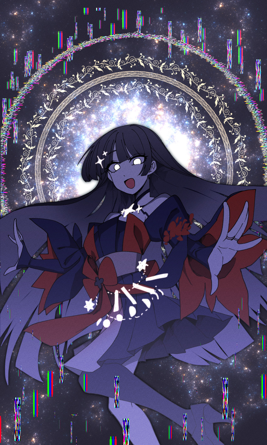 1girl, absurdres, asymmetrical_legwear, black_dress, black_hair, black_sleeves, blunt_bangs, boots