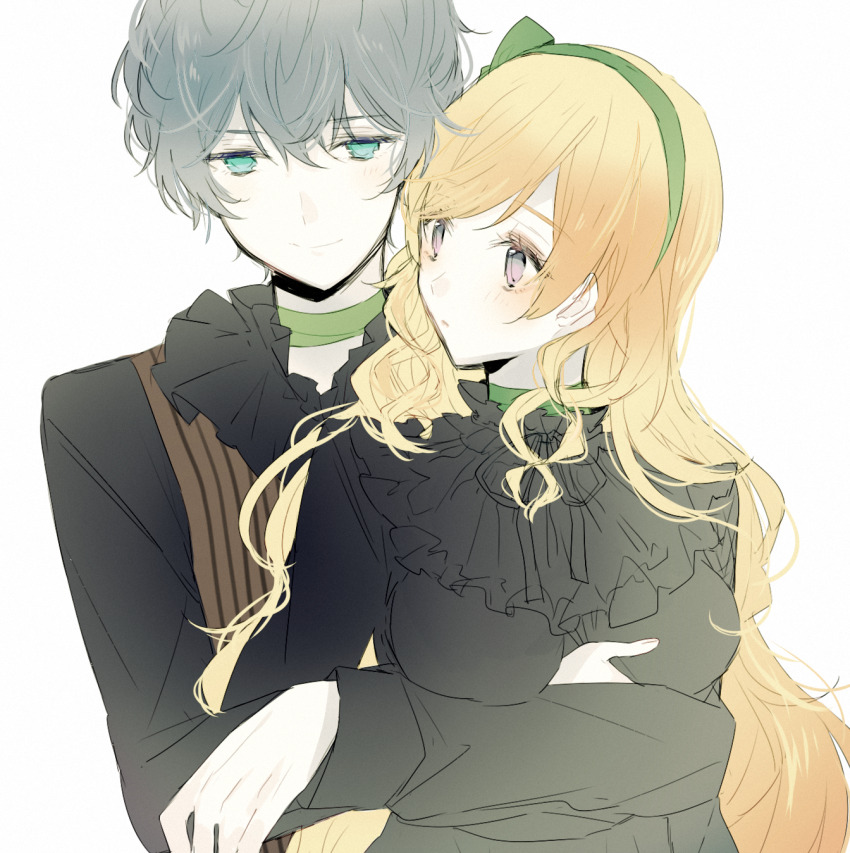 1boy, 1girl, aqua_eyes, arisu_yurika, black_dress, blonde_hair, blush, dress, grabbing_another's_breast, gretel_(taishou_x_alice), grey_hair, groping, hetero, highres, hug, hug_from_behind, long_hair, long_sleeves, looking_at_another, purple_eyes, qi7pi, taishou_x_alice, wavy_hair, white_background