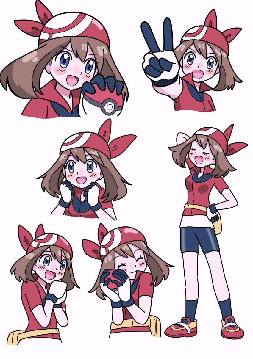 1girl, arm_behind_head, bandana, bike_shorts, blue_eyes, blush_stickers, brown_hair, closed_eyes, fanny_pack, gloves, hand_on_own_hip, highres, holding, holding_poke_ball, may_(pokemon), medium_hair, miin_(toukotouya), multiple_views, nintendo, open_mouth, poke_ball, poke_ball_(basic), pokemon, pokemon_(anime), pokemon_the_series:_ruby_and_sapphire, simple_background, smile, v, white_background