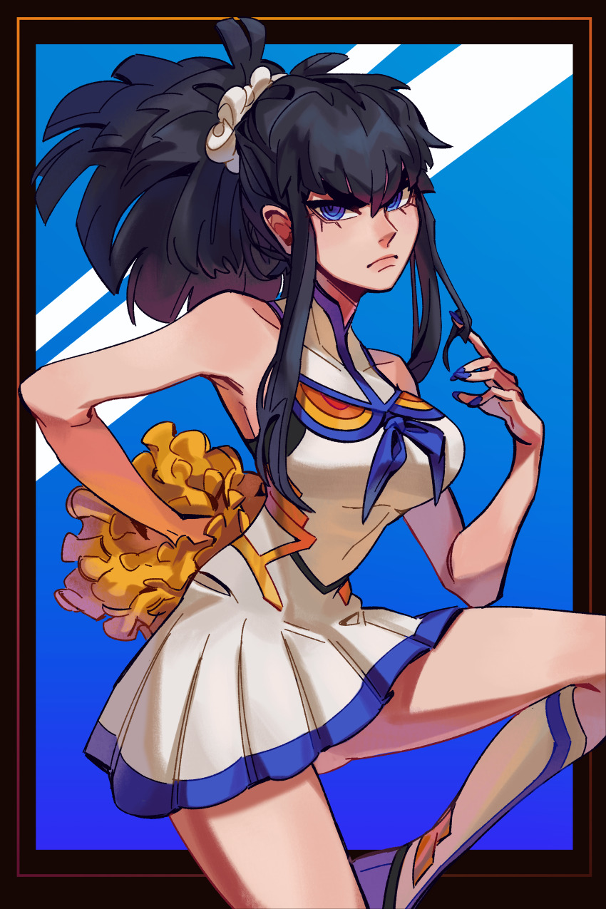 1girl, absurdres, alternate_costume, bare_shoulders, black_border, black_hair, blue_background, blue_eyes, blue_nails, border, breasts, cheerleader, collarbone, guggy_(guirgaleo), hair_ornament, hand_up, highres, junketsu, kill_la_kill, kiryuuin_satsuki, knee_up, large_breasts, long_hair, looking_at_viewer, nail_polish, pom_pom_(cheerleading), ponytail, solo, standing, standing_on_one_leg, thick_eyebrows, white_background
