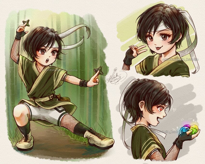 1girl, aged_down, ball, black_gloves, black_hair, brown_eyes, child, final_fantasy, final_fantasy_vii, fingerless_gloves, fishnet_armwear, gloves, grass, green_shirt, green_theme, hair_between_eyes, headband, heart, heart-shaped_pupils, highres, holding, holding_ball, holding_shuriken, holding_weapon, japanese_clothes, looking_at_viewer, materia, michelle_kristolia, multiple_views, open_mouth, outdoors, partially_fingerless_gloves, shirt, short_hair, shorts, shuriken, signature, smile, symbol-shaped_pupils, tongue, tongue_out, v, white_headband, white_shorts, yuffie_kisaragi