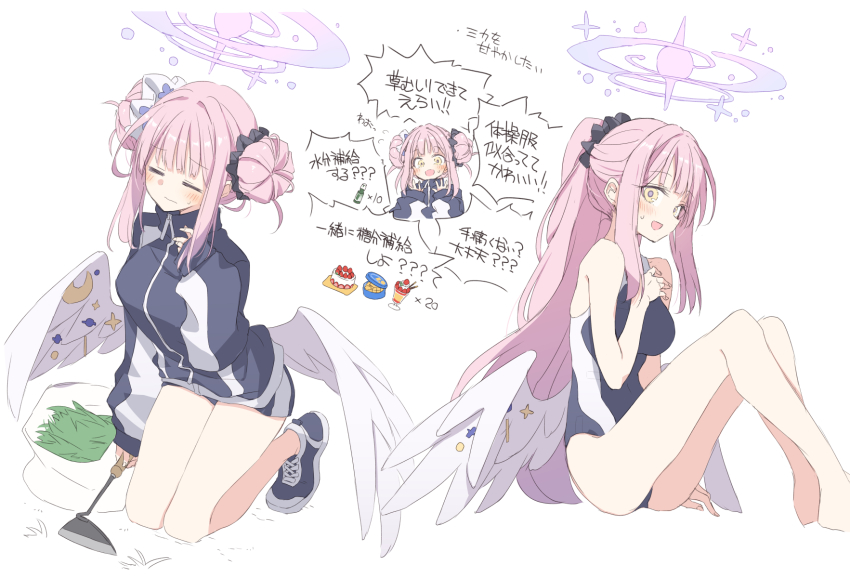 1girl, =_=, angel_wings, bare_legs, barefoot, blue_archive, blue_shorts, blush