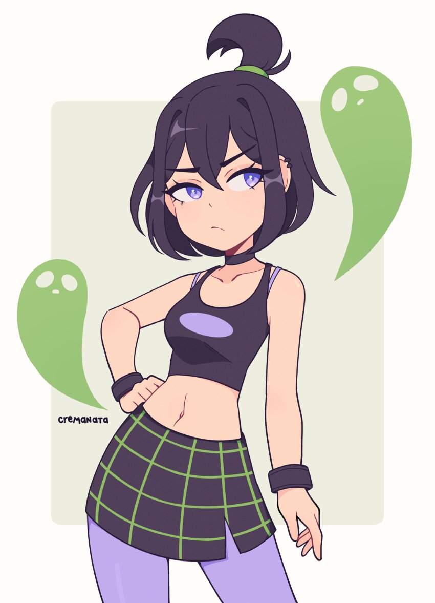 1girl, absurdres, black_hair, black_sports_bra, border, commentary, cremanata, danny_phantom