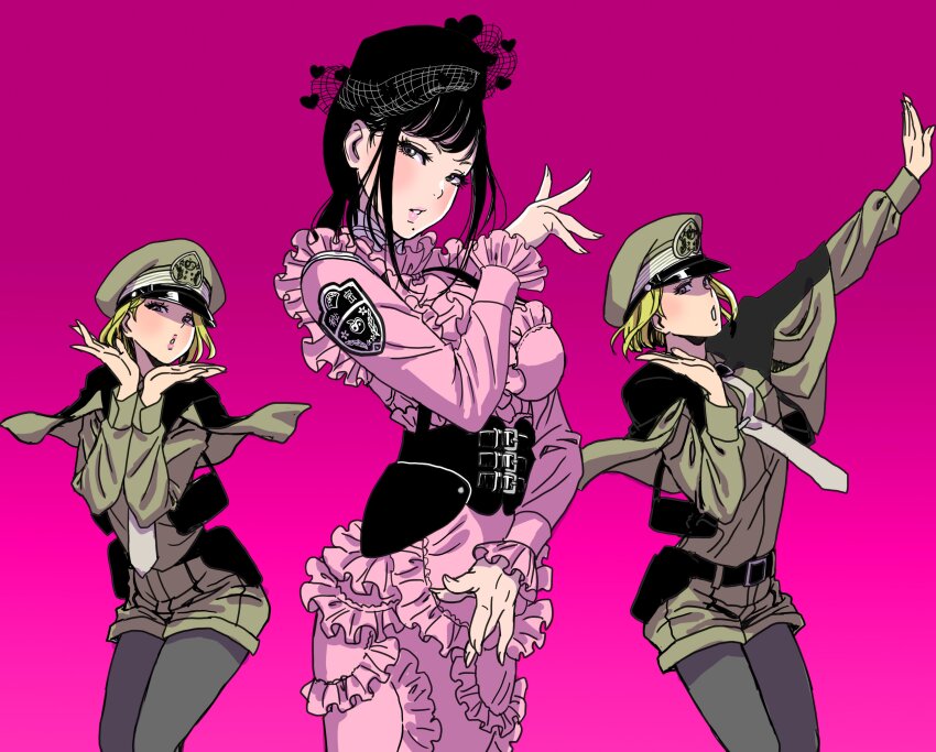 3girls, absurdres, animification, black_bustier, black_capelet, black_hair, black_headwear, blonde_hair