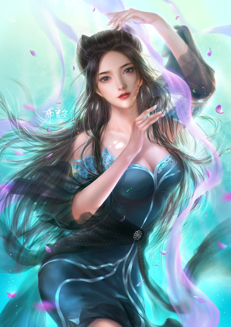 1girl, arm_up, bare_shoulders, black_hair, blue_background, blue_eyes, bu_yan_kong, closed_mouth