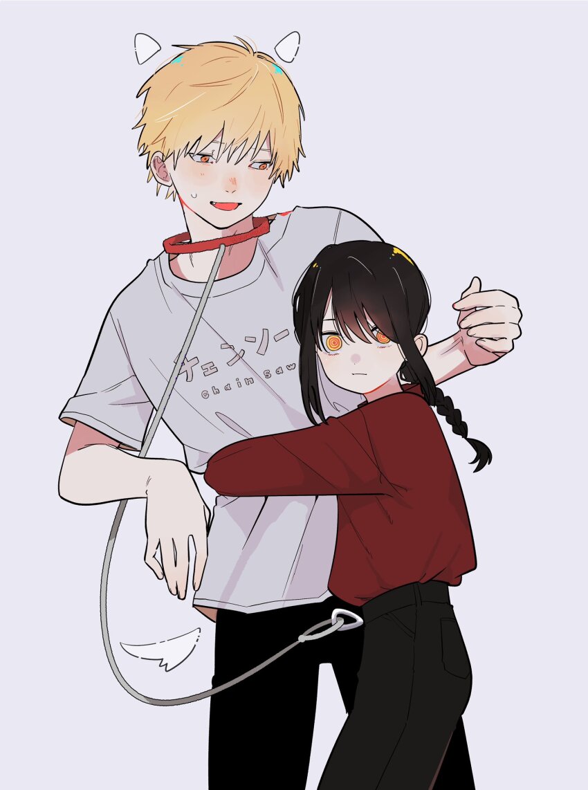 1boy, 1girl, animal_ears, black_hair, black_pants, blonde_hair, braid, braided_ponytail, chainsaw_man, denji_(chainsaw_man), dog_ears, dog_tail, fake_animal_ears, fake_tail, grey_background, grey_shirt, gurukousu, hair_over_one_eye, highres, hug, leash, leash_belt, looking_at_another, looking_at_viewer, medium_hair, nayuta_(chainsaw_man), open_mouth, orange_eyes, pants, red_sweater, ringed_eyes, shirt, short_hair, simple_background, sweater, tail, yellow_eyes
