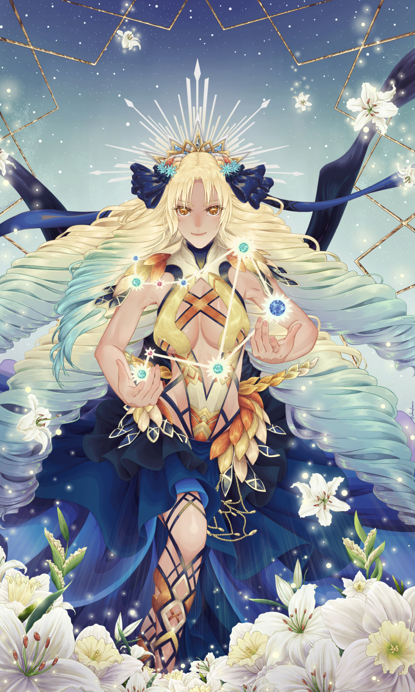 1girl, absurdres, aqua_gem, astraea_(fate), astraea_(third_ascension)_(fate), blonde_hair, blue_hair, clip_studio_paint_(medium)