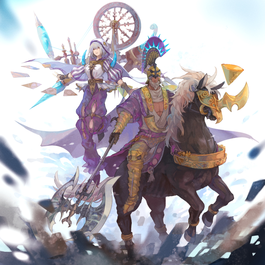1boy, 1girl, althyk, armor, axe, barding, beard, blurry