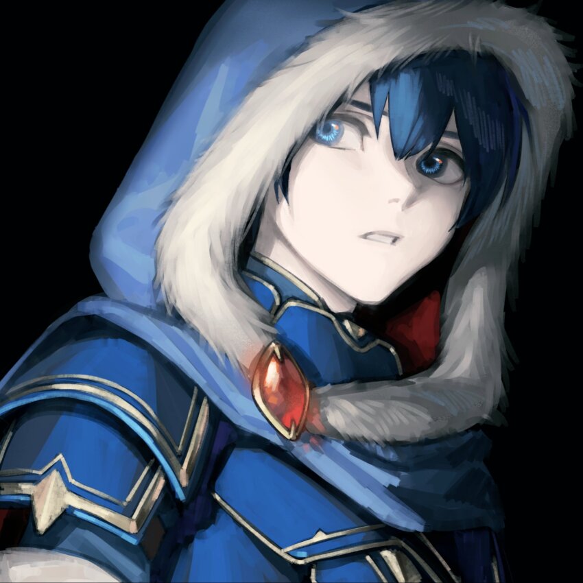 1boy, armor, black_background, blue_armor, blue_cape, blue_eyes, blue_hair, cape, fire_emblem, fur-trimmed_hood, fur_trim, gem, highres, hood, hooded_cape, looking_away, male_focus, marth_(fire_emblem), marth_(hero-king)_(fire_emblem), mik_blamike, nintendo, parted_lips, red_gem, solo