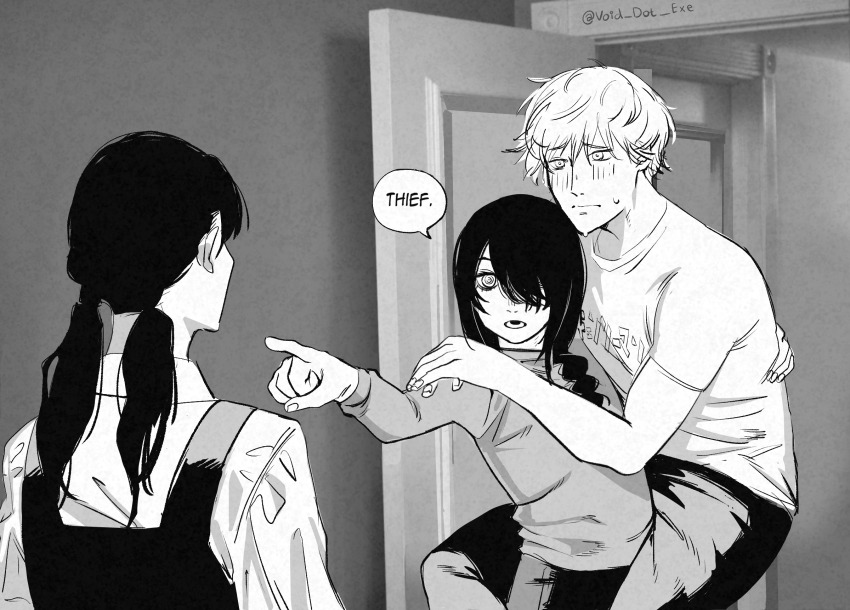 1boy, 2girls, chainsaw_man, denji_(chainsaw_man), english_text, greyscale, highres, mitaka_asa