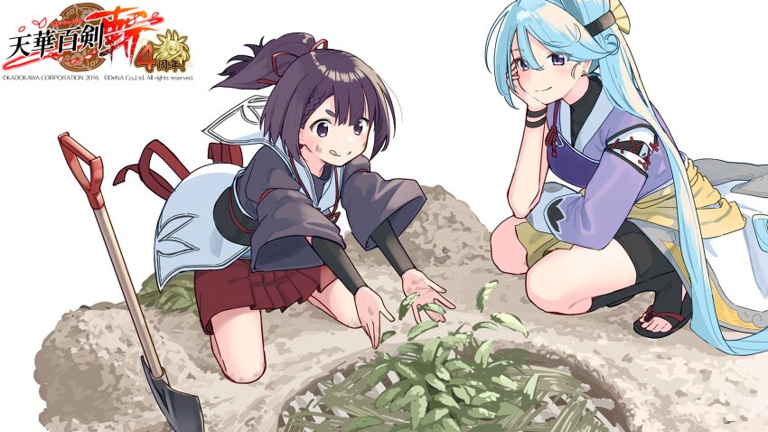 2girls, arm_on_knee, arm_warmers, black_hair, black_shorts, blue_hair, blunt_bangs, bow, braid, curly_hair, detached_sleeves, dirty, dirty_face, hand_on_own_cheek, hand_on_own_face, head_rest, highres, japanese_clothes, kneeling, kumo'otoshi, lace-up, leaf, light_blue_hair, long_hair, max_melon, mijinmaru_(tenka_hyakken), multiple_girls, obi, obijime, official_art, on_ground, outstretched_arms, pitfall, ponytail, red_bow, red_skirt, sailor_collar, sandals, sash, short_sleeves, shorts, shovel, side_ponytail, single_detached_sleeve, skirt, squatting, tenka_hyakken, thick_eyebrows, toeless_legwear, tongue, tongue_out, very_long_hair, zouri