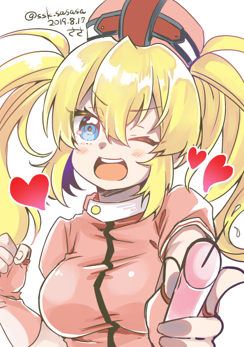 1girl, blonde_hair, blue_eyes, blush, clenched_hand, dress, fingerless_gloves, gloves