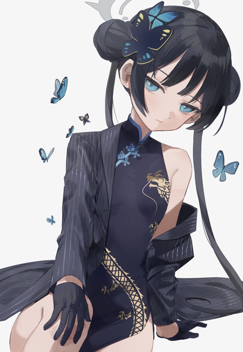 1girl, alternate_eye_color, arm_support, black_dress, black_gloves, black_hair, blue_archive, blue_eyes