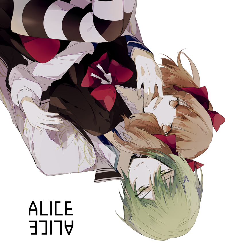 1boy, 1girl, alice=alice, black_shirt, brown_eyes, brown_hair, copyright_name, green_eyes, green_hair, hair_ribbon, long_sleeves, qi7pi, red_ribbon, ribbon, sakuraba_asuka, shirt, short_hair, twintails, ura_alice, white_background, white_shirt