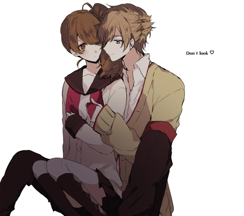 1boy, 1girl, asahina_fuuto, black_pants, brothers_conflict, brown_eyes, brown_hair, collared_shirt