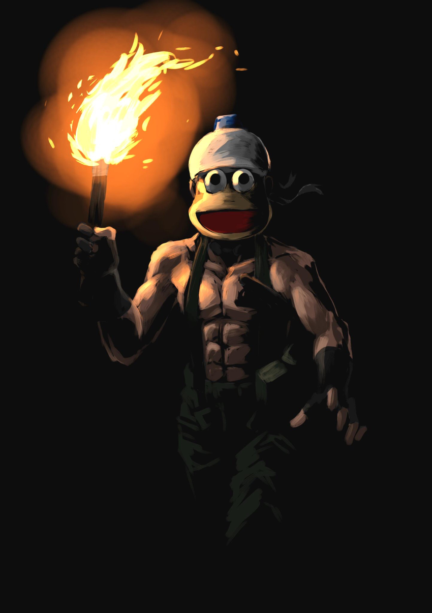 big_boss, fire, highres, male_focus, mask, metal_gear_(series), metal_gear_solid_3:_snake_eater, naked_snake