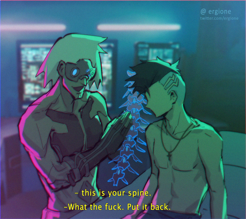 artist_name, bare_shoulders, brown_hair, chest_tattoo, commentary, cross, cross_necklace, cyberpunk_(series)