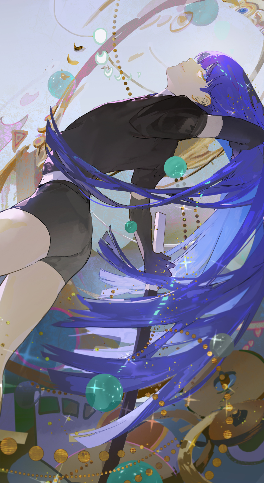 1other, absurdres, adjusting_hair, androgynous, arched_back, arms_behind_back, belt, black_gloves, blue_eyes, blue_hair, blunt_bangs, closed_mouth, cowboy_shot, cropped_legs, crystal_hair, elbow_gloves, gem, gem_uniform_(houseki_no_kuni), glint, gloves, gold, hand_in_own_hair, highres, holding, holding_sheath, holding_sword, holding_weapon, houseki_no_kuni, kakin666, lapis_lazuli_(houseki_no_kuni), leaning_back, long_hair, looking_at_viewer, other_focus, phosphophyllite_(gemstone), puffy_short_sleeves, puffy_sleeves, sheath, sheathed, short_shorts, short_sleeves, shorts, sideways_glance, smile, solo, sparkle, straight_hair, sword, very_long_hair, weapon, white_belt