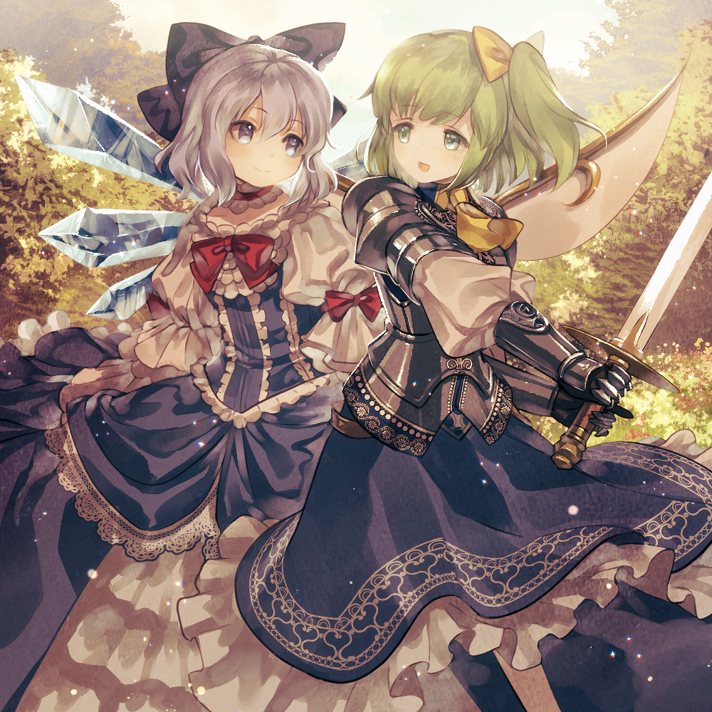 2girls, :d, alternate_costume, armor, armored_dress, ascot, blue_eyes, blue_hair