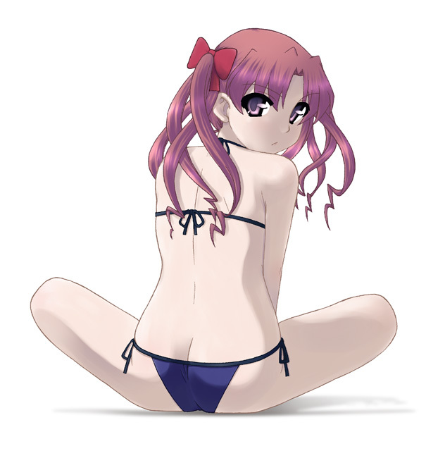 1girl, bikini, brown_eyes, brown_hair, butt_crack, female_focus, full_body, long_hair, looking_back, micro_bikini, ooba_kou, shirai_kuroko, solo, swimsuit, toaru_kagaku_no_railgun, toaru_majutsu_no_index, twintails