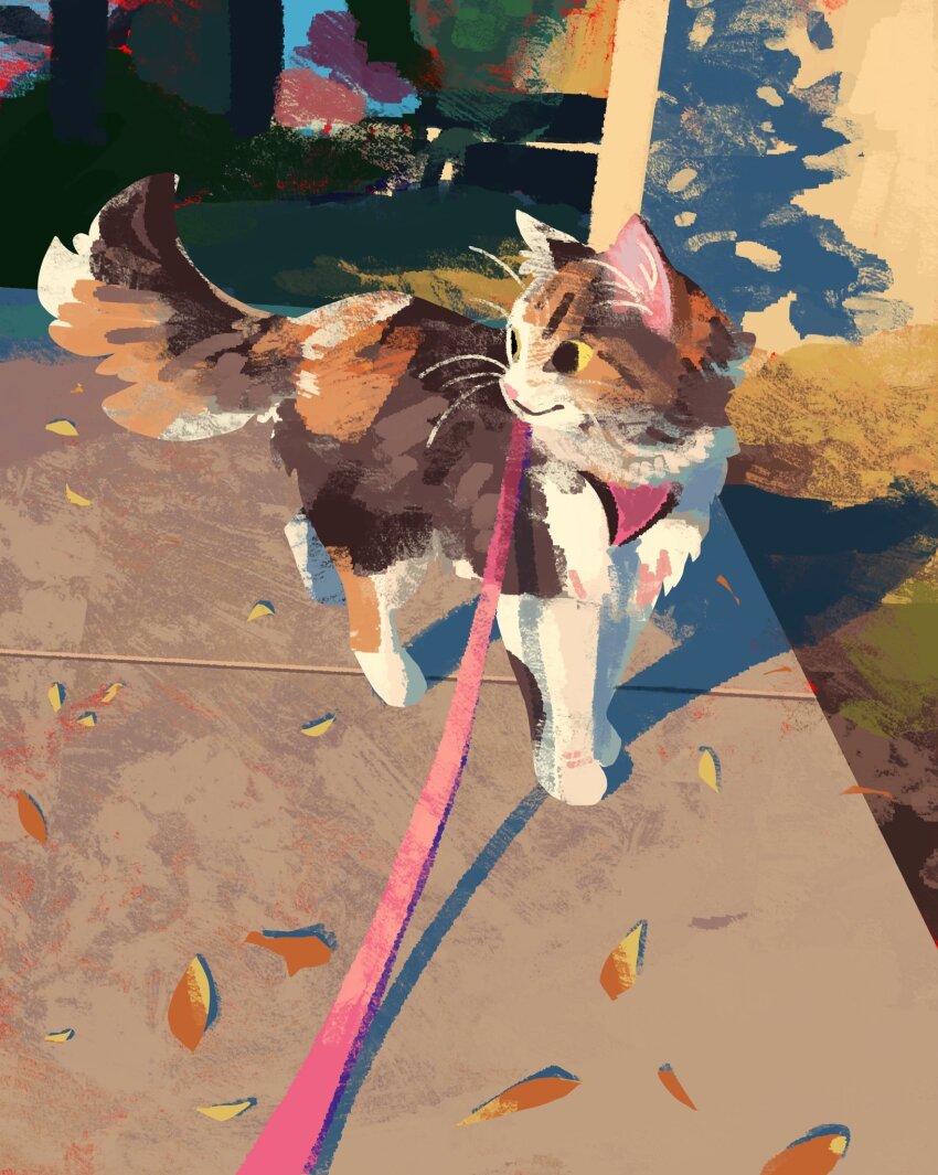 animal, animal_focus, cat, grass, highres, leash, looking_to_the_side, maplebars, no_humans, original, outdoors, pavement, tree, yellow_eyes