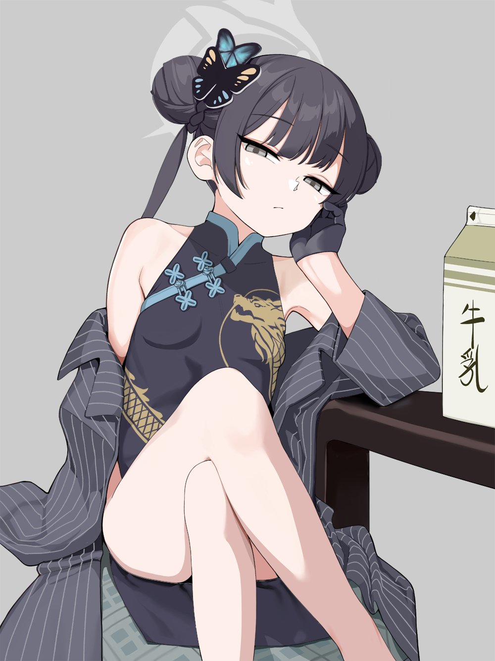 1girl, bare_legs, bare_shoulders, black_dress, black_gloves, black_hair, blue_archive, butterfly_hair_ornament