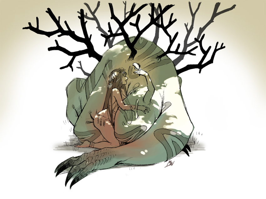 1girl, 1other, 7luna, anklet, barefoot, branch, enkidu_(fate), fate/strange_fake, fate_(series), harem_outfit, jewelry, monster, shamhat_(fate), signature, white_background