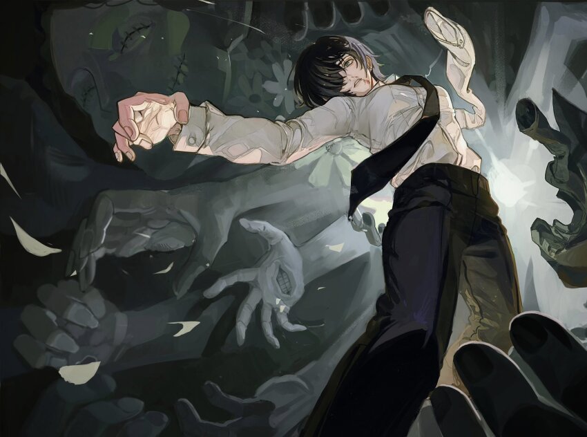 1girl, amputee, black_hair, black_necktie, black_pants, blood, blood_on_face, chainsaw_man