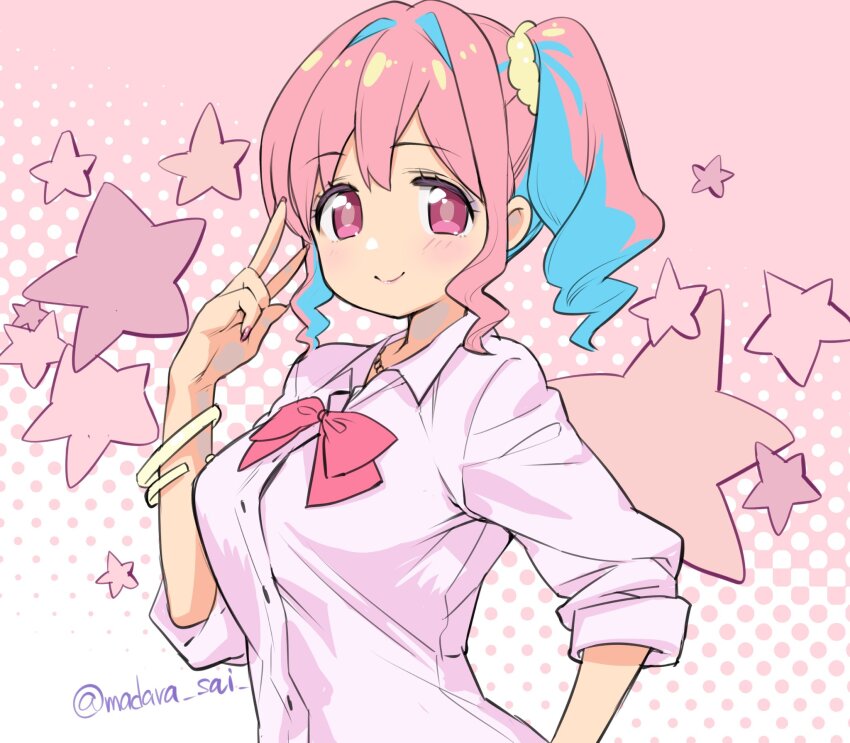 1girl, bangle, blue_hair, bow, bowtie, bracelet, commentary, dress_shirt