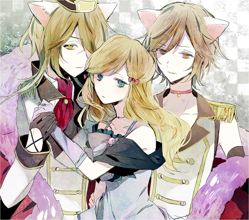1girl, 2boys, animal_ears, auger_von_garibaldi, bell, black_wolves_saga, blonde_hair, blue_eyes, bow, brown_eyes, brown_hair, cat_boy, cat_ears, collar, dress, facing_viewer, fiona_galland, hair_bow, holding_hands, long_hair, looking_at_another, looking_at_viewer, mejojo_von_garibaldi, multiple_boys, neck_bell, pink_bow, qi7pi, short_hair