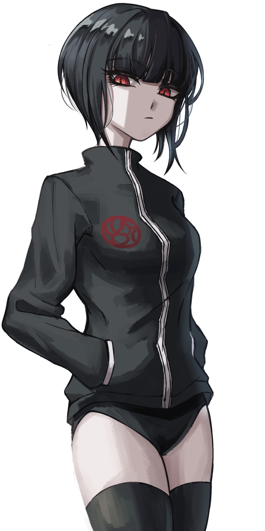 1girl, absurdres, alternate_costume, black_hair, black_jacket, black_shorts, black_thighhighs, celestia_ludenberg, closed_mouth, cowboy_shot, danganronpa:_trigger_happy_havoc, danganronpa_(series), highres, jacket, long_sleeves, looking_at_viewer, petra_(jgc845601), red_eyes, short_hair, shorts, simple_background, solo, thighhighs, white_background