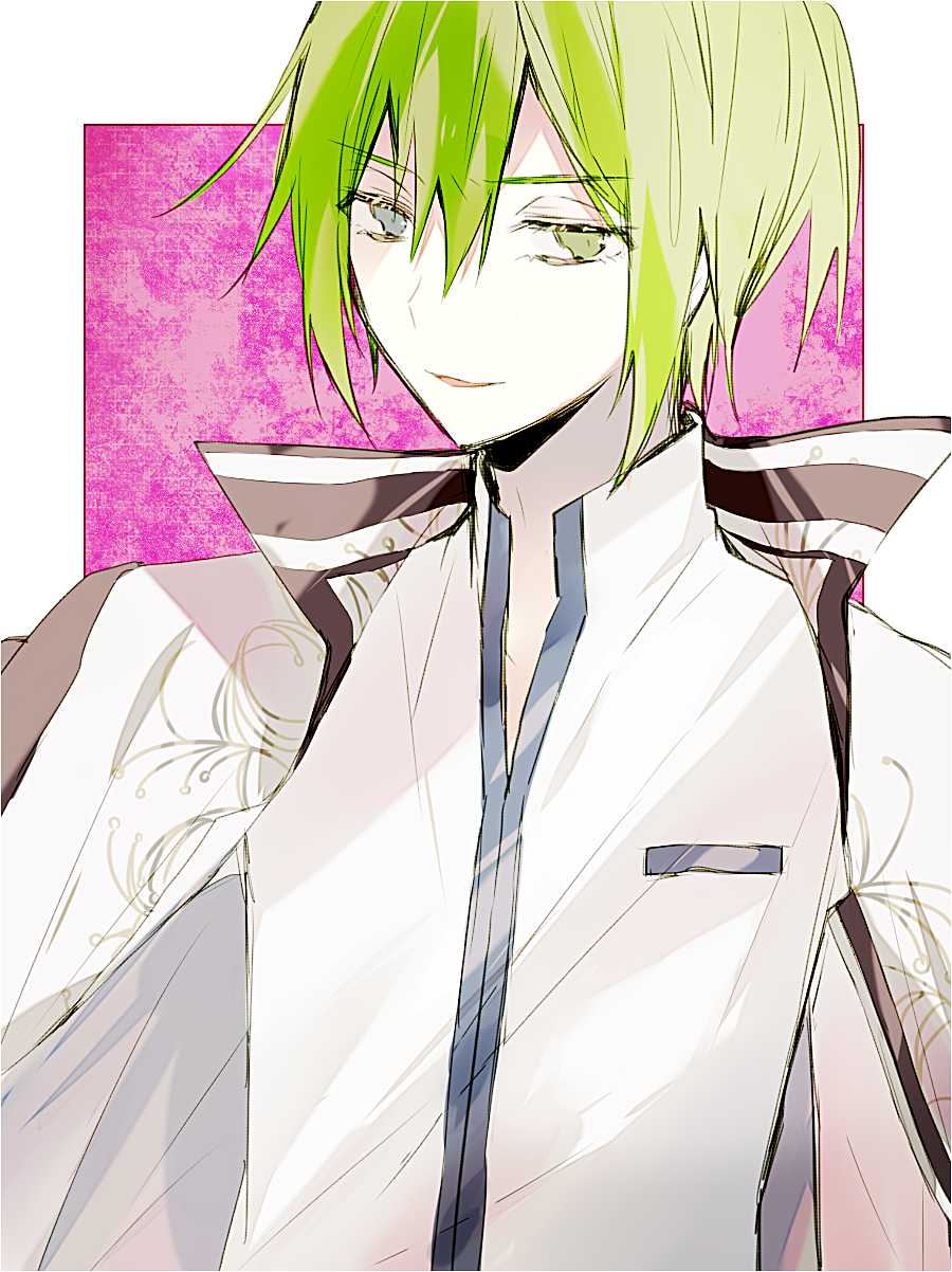 1boy, alice=alice, collared_shirt, green_eyes, green_hair, highres, jacket, jacket_on_shoulders, long_sleeves, looking_at_viewer, male_focus, multicolored_background, open_mouth, pink_background, qi7pi, shirt, short_hair, smirk, solo, ura_alice, white_background, white_shirt