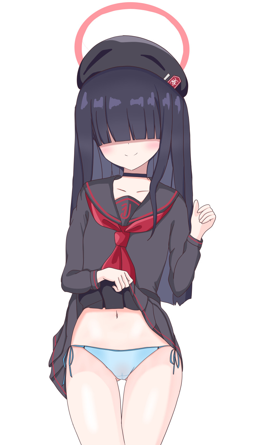 1girl, absurdres, beret, black_hair, blue_archive, blush, collarbone, eggplant7217, faceless, faceless_female, halo, hat, highres, hime_cut, justice_task_force_member_(blue_archive), lifting_own_clothes, long_hair, looking_at_viewer, navel, panties, school_uniform, serafuku, simple_background, smile, solo, underwear, white_background