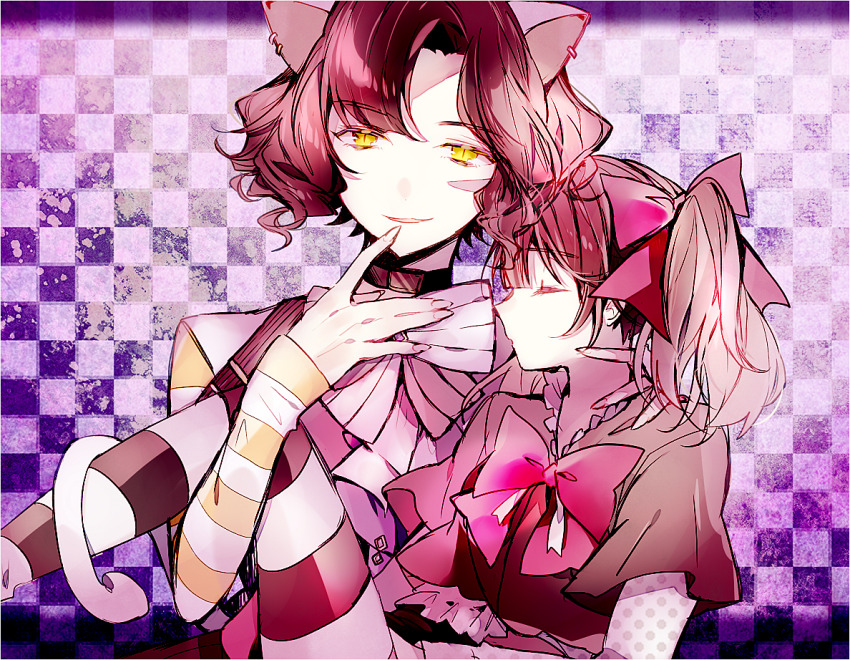1boy, 1girl, alice=alice, animal_ears, brown_hair, carrying, cat_boy, cat_ears, checkered_background, cheshire_neko_(alice=alice), hair_ribbon, hetero, looking_at_viewer, open_mouth, princess_carry, qi7pi, ribbon, sakuraba_asuka, short_hair, slit_pupils, smile, wavy_hair, yellow_eyes