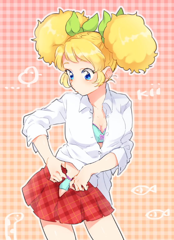 1girl, afro_puffs, aikatsu!, aikatsu!_(series), blonde_hair, blue_bra, blue_eyes, blue_panties