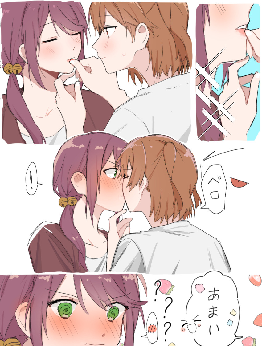 !, 2girls, @_@, aijo_karen, alternate_costume, awkward, bell, blush