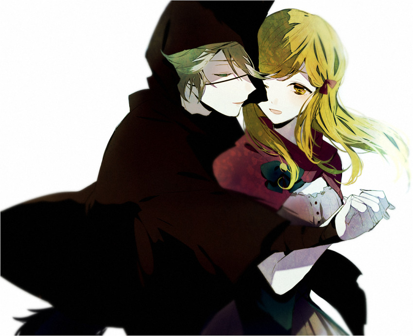 1boy, 1girl, animal_ears, black_wolves_saga, blonde_hair, bow, capelet, eyepatch