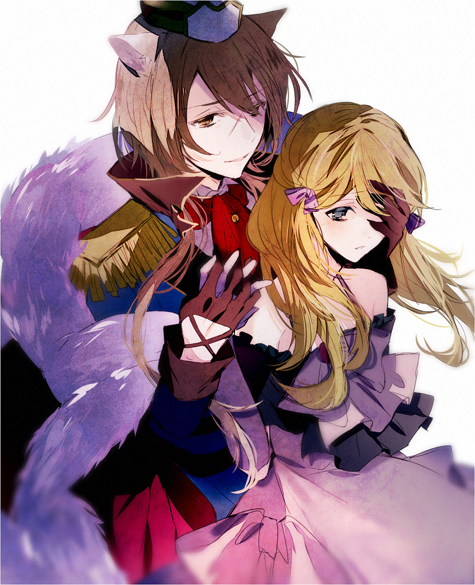 1boy, 1girl, animal_ears, black_wolves_saga, blonde_hair, bow, brown_eyes, brown_hair, cat_boy, cat_ears, dress, fiona_galland, gloves, hair_bow, hat, hetero, holding_hands, long_hair, looking_at_viewer, mejojo_von_garibaldi, off-shoulder_dress, off_shoulder, purple_bow, purple_dress, qi7pi, smirk