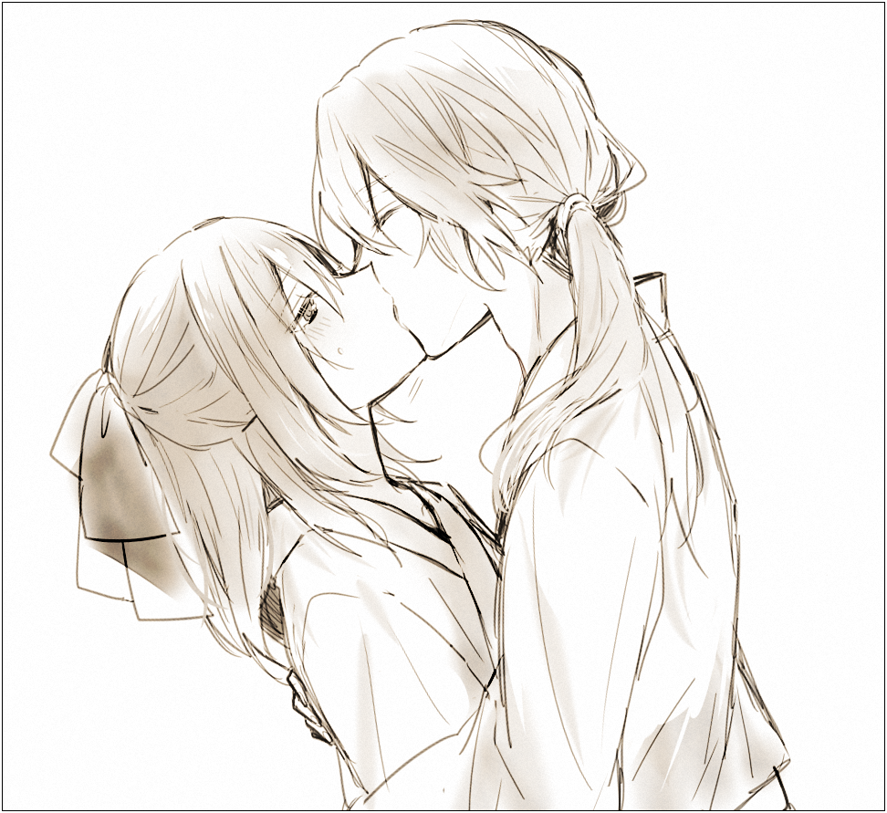 1boy, 1girl, ayazuki_mei, blush, closed_eyes, french_kiss, greyscale, hair_ribbon