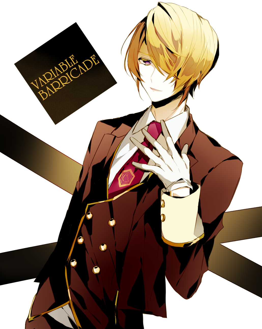 1boy, black_jacket, blazer, blonde_hair, collared_shirt, hair_over_one_eye, hand_on_own_chest, highres, jacket, kasuga_(variable_barricade), long_sleeves, looking_at_viewer, male_focus, necktie, purple_eyes, qi7pi, red_necktie, shirt, short_hair, smile, solo, variable_barricade, white_shirt