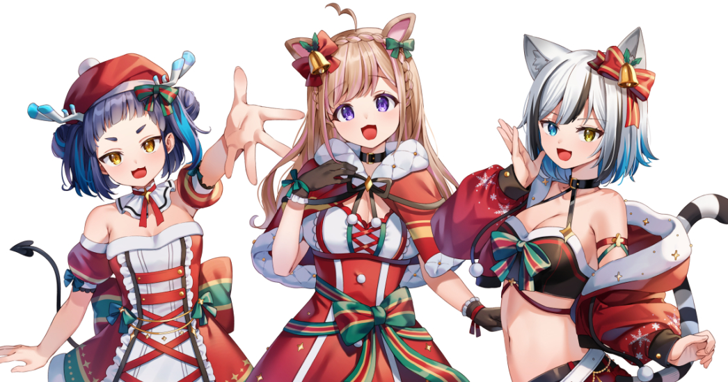 3girls, ahoge, animal_ear_fluff, animal_ears, antlers, bare_shoulders, bell, black_gloves, black_hair, blue_eyes, blue_hair, bow, braid, breasts, brown_hair, capelet, chyoling, cleavage, commentary_request, cottage_project, cropped_jacket, demon_tail, detached_sleeves, double_bun, dress, frilled_gloves, frills, gloves, grey_hair, hair_bell, hair_bow, hair_bun, hair_ornament, hat, heterochromia, horns, jacket, long_hair, long_sleeves, mashika_tsuno, medium_breasts, memori_tsumugi, multicolored_hair, multiple_girls, off_shoulder, official_art, open_clothes, open_jacket, outstretched_arm, pink_hair, puffy_long_sleeves, puffy_short_sleeves, puffy_sleeves, purple_eyes, red_bow, red_capelet, red_dress, red_headwear, red_jacket, red_sleeves, santa_costume, santa_hat, short_sleeves, simple_background, strapless, strapless_dress, streaked_hair, striped_tail, tail, upper_body, virtual_youtuber, white_background, yellow_eyes, yukine_kohaku