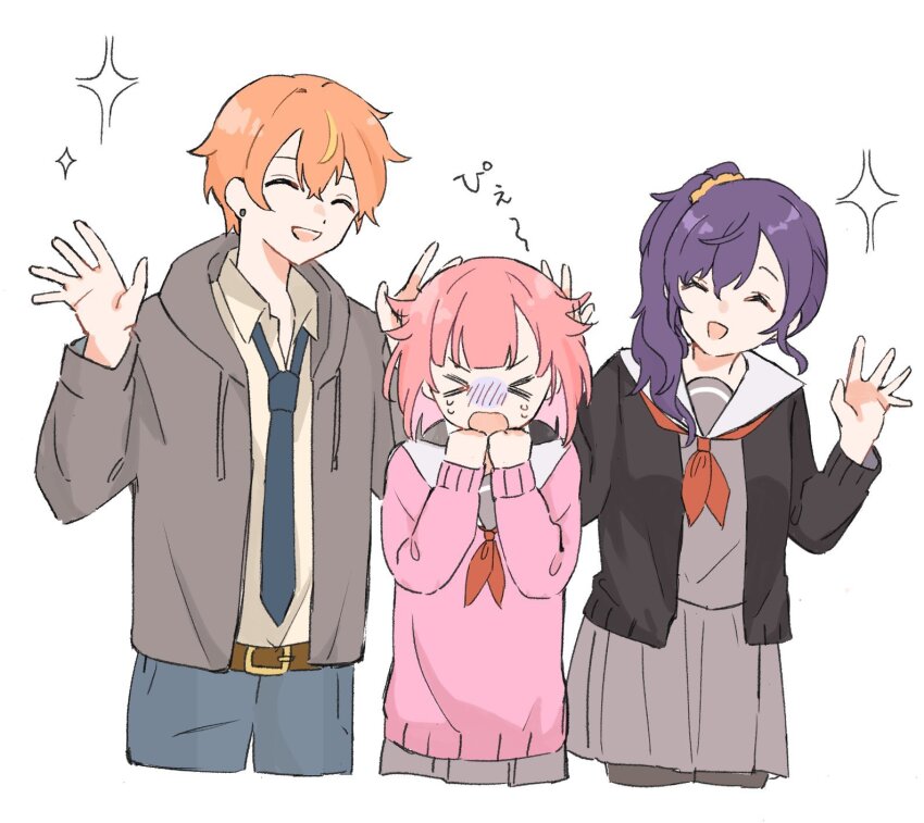 1boy, 2girls, aise27820265, asahina_mafuyu, belt, black_cardigan, blonde_hair, blue_necktie