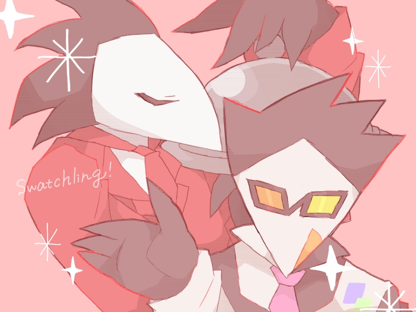 large_nose, bird, closed_eyes, deltarune, glasses, heterochromatic_eyewear, highres, necktie, nishi_no_kuni, open_mouth, pink_necktie, star_(sky), swatch_(deltarune), swatchling_(deltarune), tinted_eyewear, undertale, utdr_(toby_fox)
