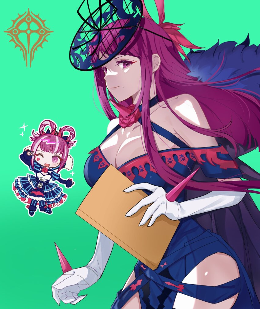 2girls, bare_shoulders, blush, breasts, chibi, chibi_inset, cleavage, dress