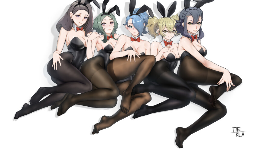 absurdres, animal_ears, bare_shoulders, black_leggings, black_leotard, black_pantyhose, bow, bowtie, fake_animal_ears, feet, gundam, gundam_suisei_no_majo, henao_jazz, highleg, highleg_leotard, highres, ireesha_plano, leggings, leotard, looking_at_viewer, maisie_may, multiple_girls, no_shoes, pantyhose, playboy_bunny, rabbit_ears, renee_costa, sabina_fardin, side-tie_leotard, strapless, strapless_leotard, tierla, white_background, wrist_cuffs