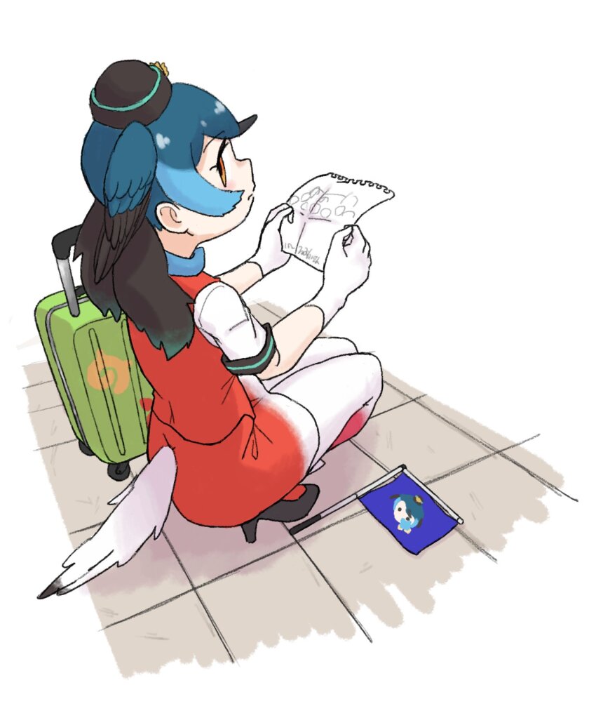 1girl, bird_girl, bird_tail, bird_wings, black_footwear, black_hair, black_hat, blue_hair