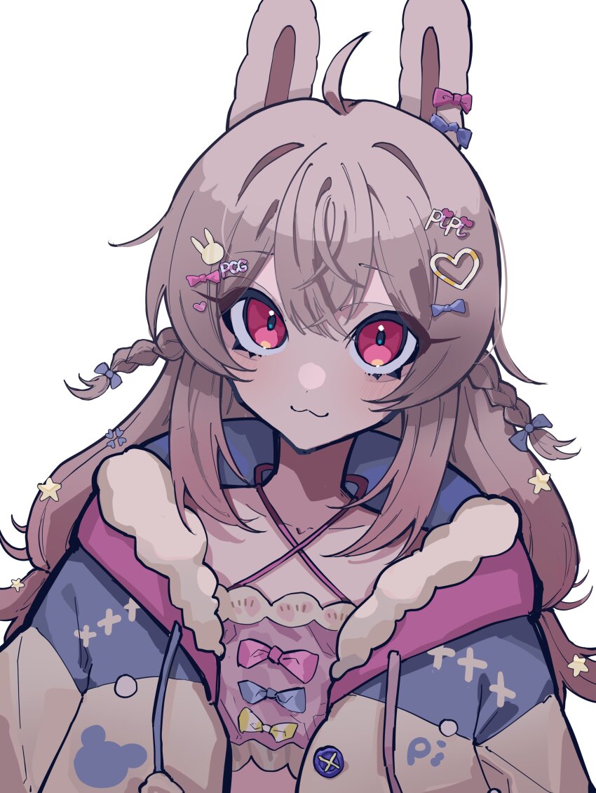 1girl, :3, absurdres, ahoge, animal_ears, braid, collarbone, commentary