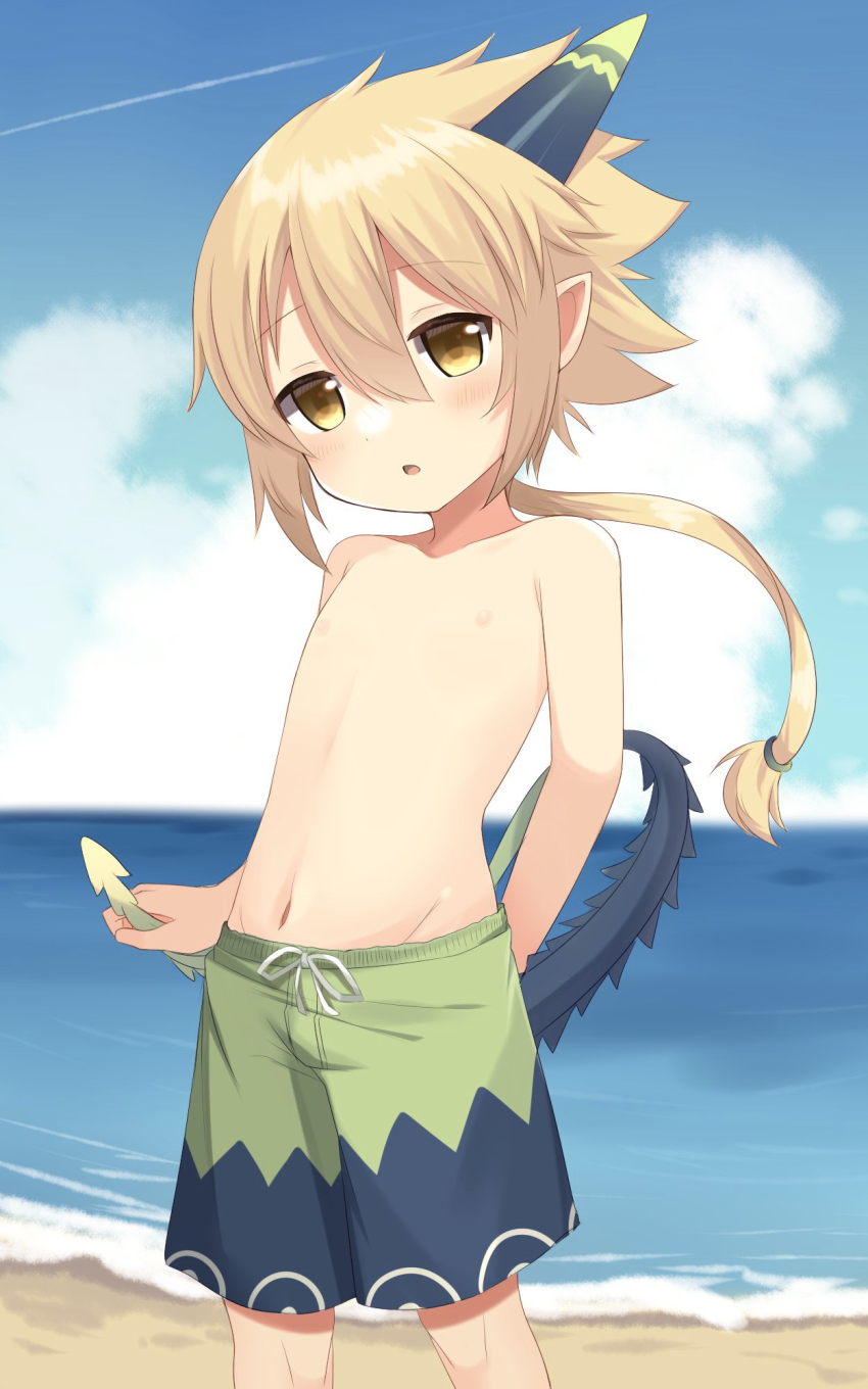 :o, arm_behind_back, beach, blonde_hair, blue_male_swimwear, blue_sky, blue_swim_trunks, cloud