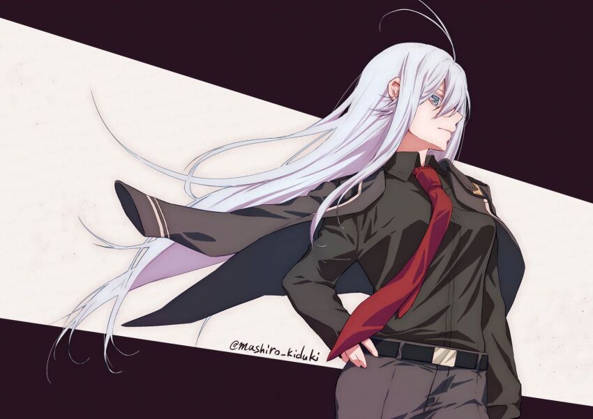 1girl, 86_-eightysix-, alternate_costume, antenna_hair, belt, black_belt, black_jacket, black_shirt, blue_eyes, closed_mouth, collared_shirt, dress_shirt, floating_hair, grey_hair, hair_between_eyes, hand_on_own_hip, highres, jacket, jacket_on_shoulders, long_hair, long_sleeves, mashiro_kizuki, necktie, pants, profile, red_necktie, shirt, solo, standing, straight_hair, twitter_username, very_long_hair, vladilena_millize, wing_collar